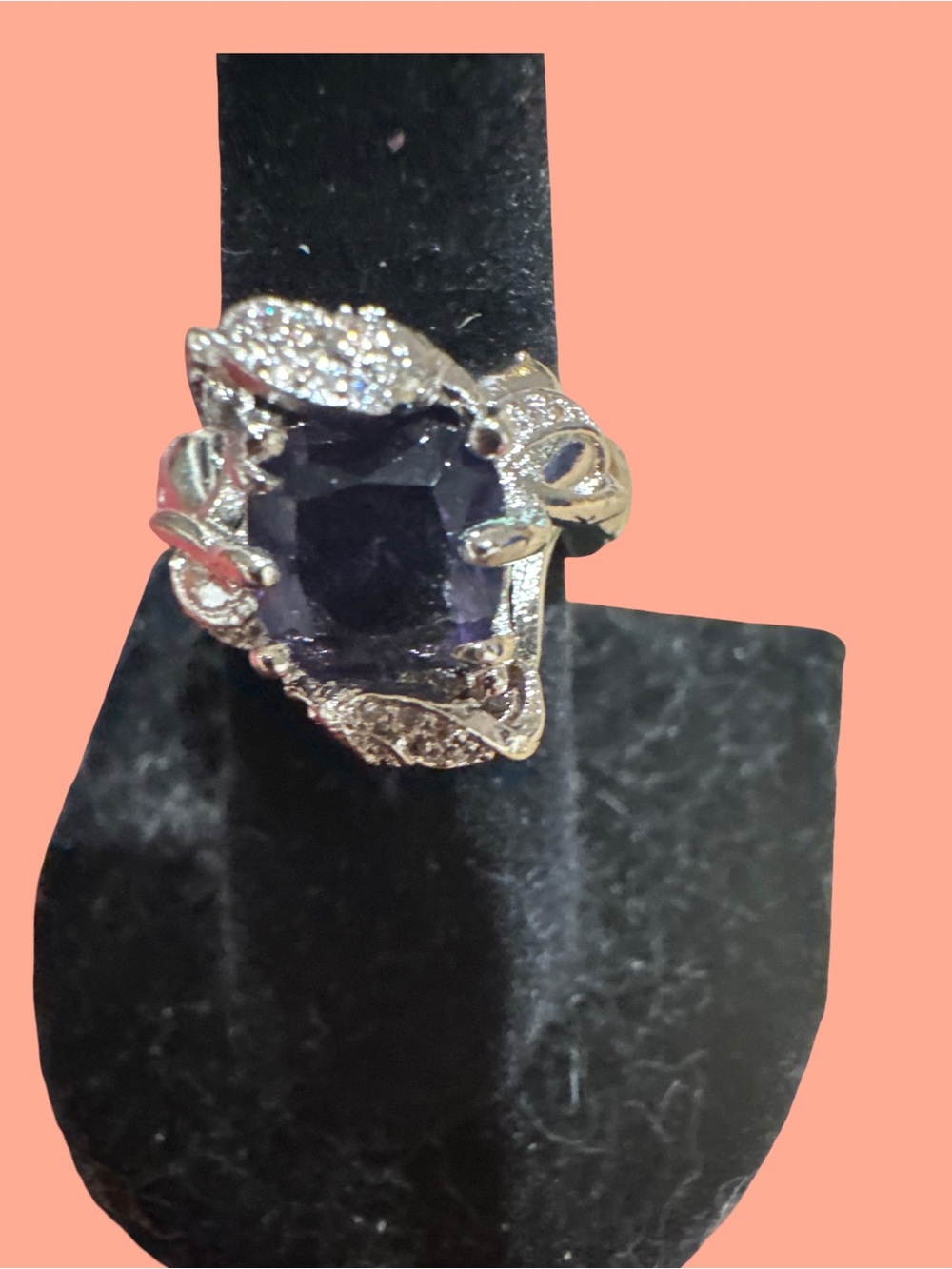 Silver Leaf Cocktail Ring with Deep Purple Stone